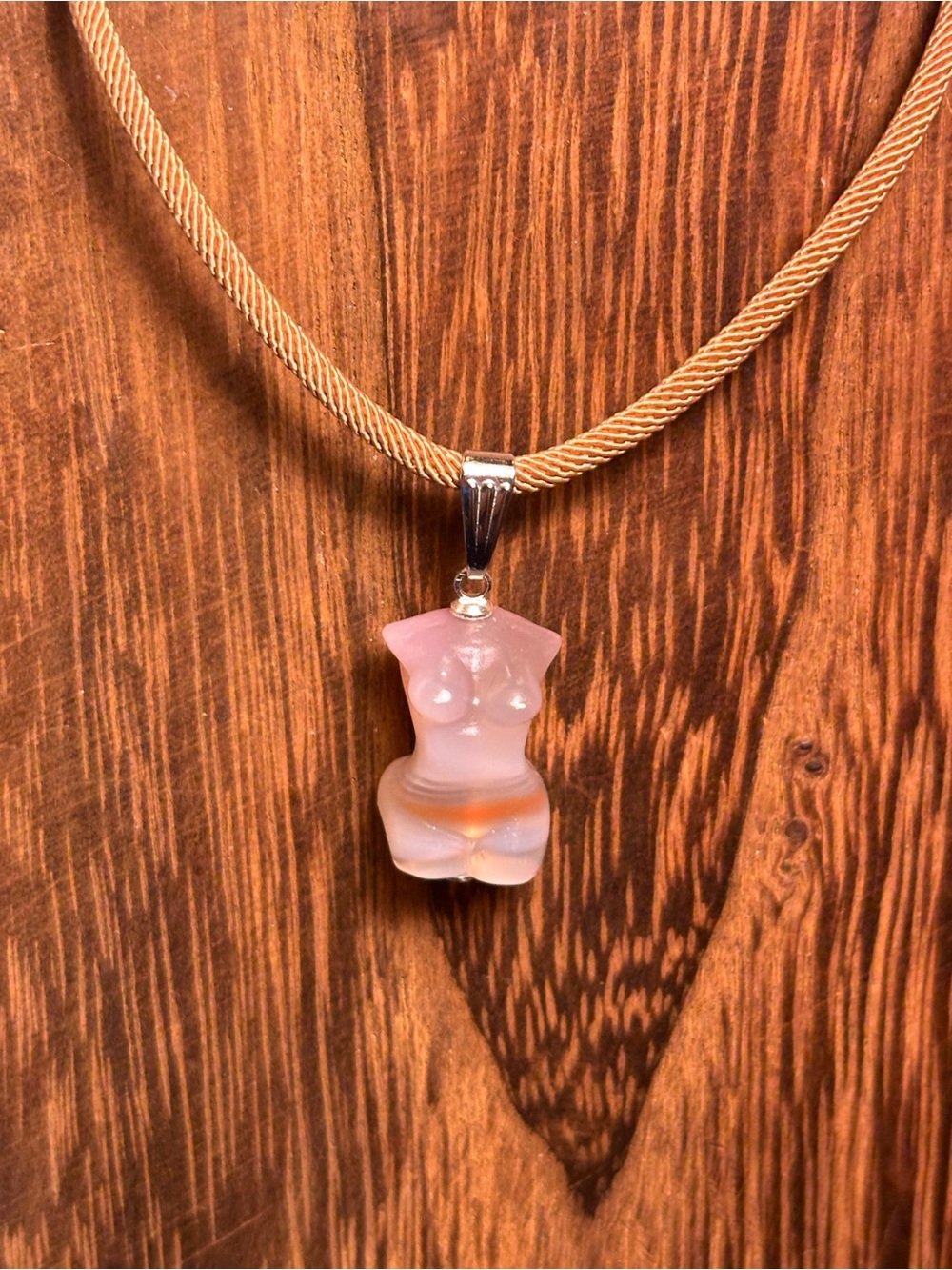 Mini Alashan Agate Body Carving Pendant on Tan Rope